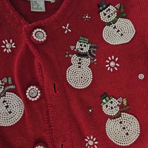 Victoria‎ Jones VTG Christmas Red Cardigan Medium Elegant Beaded Pearls Snowman - Picture 7 of 10